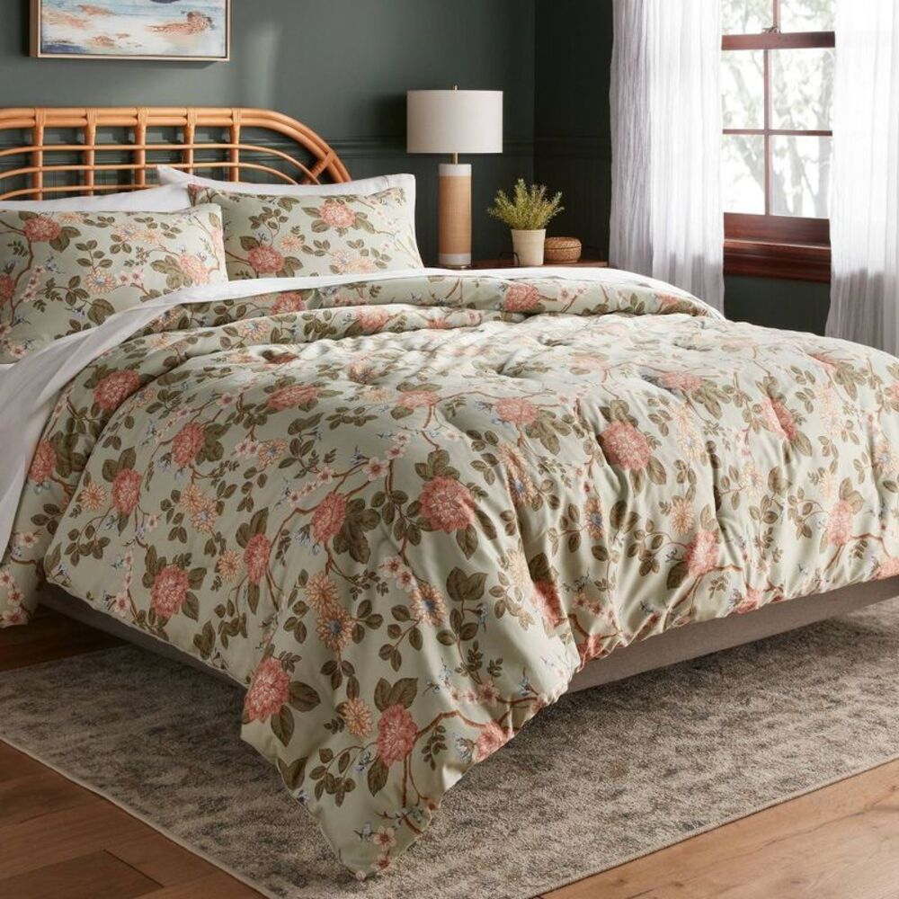 King 310TC Cotton Sateen Floral Comforter & Sham Set - Sage/Pink/White